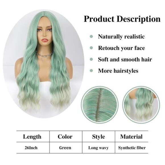 Green Wig Long Wavy Wig For Women Middle Part Wavy Wigs Synthetic Heat Resistant - Picture 3 of 6